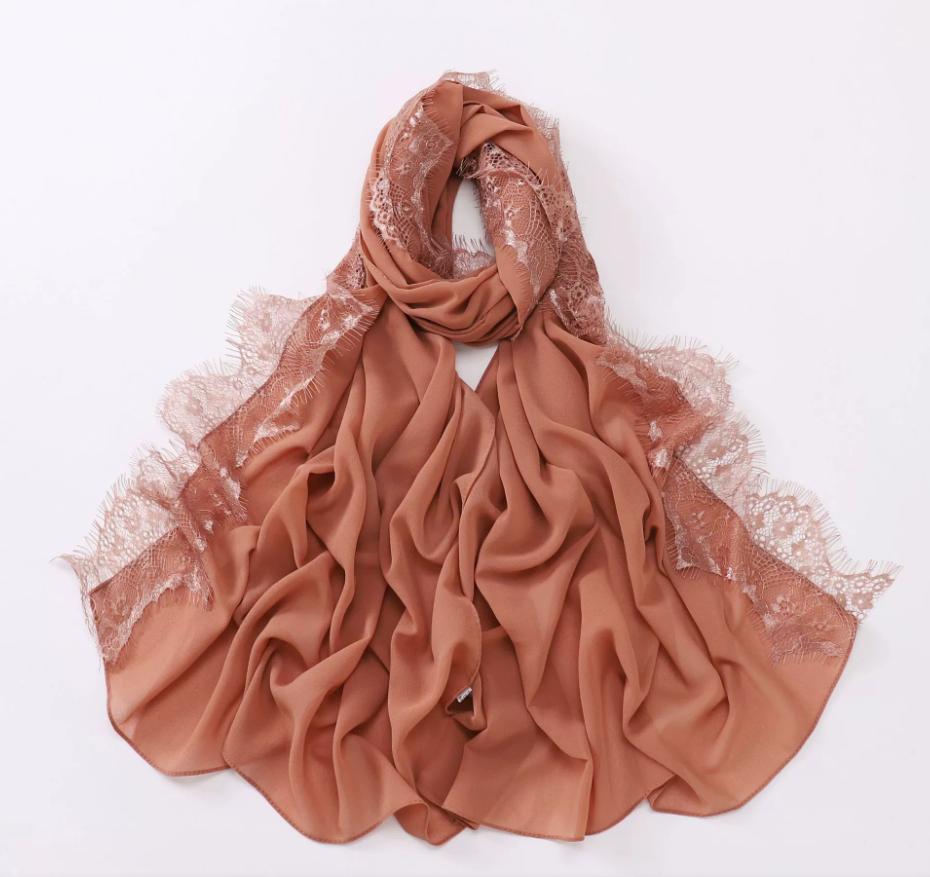 Новый мусульманский шифоновый хиджаб с кружевом Мусульманский шарф Длинные шали Однотонный головной платок Обмотки Вышитое кружево Мусульманский тюрбан Женский хиджаб